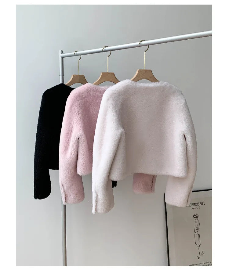 Woman Genuine Sheepskin Jackets Coat Female Winter Shearling Coats Real Lamb Fur O-neck Natural  Outewear  Overcoat G152