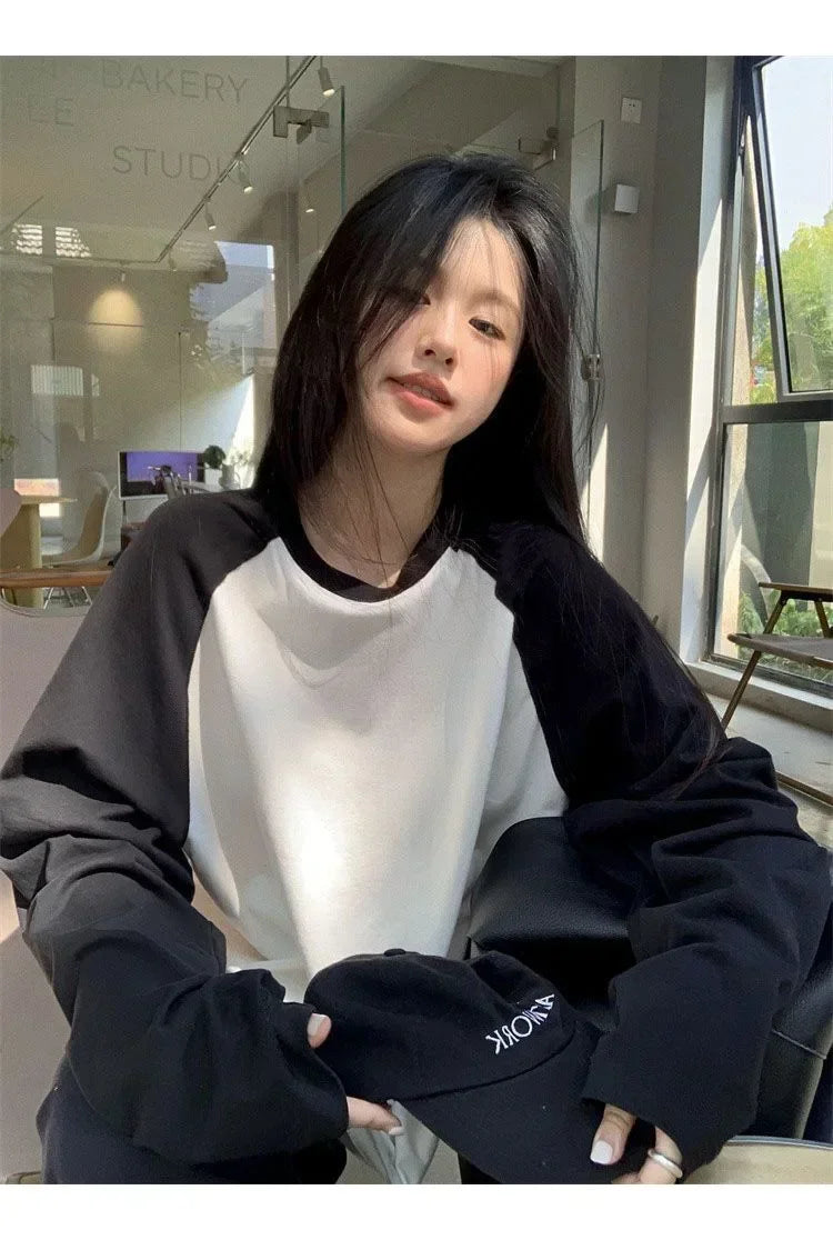 Casual Oversized T Shirt Y2k Tops Harajuku Long Sleeve O-Neck T-Shirts Spring Autumn Black White Patchwork Tees Women Streetwear