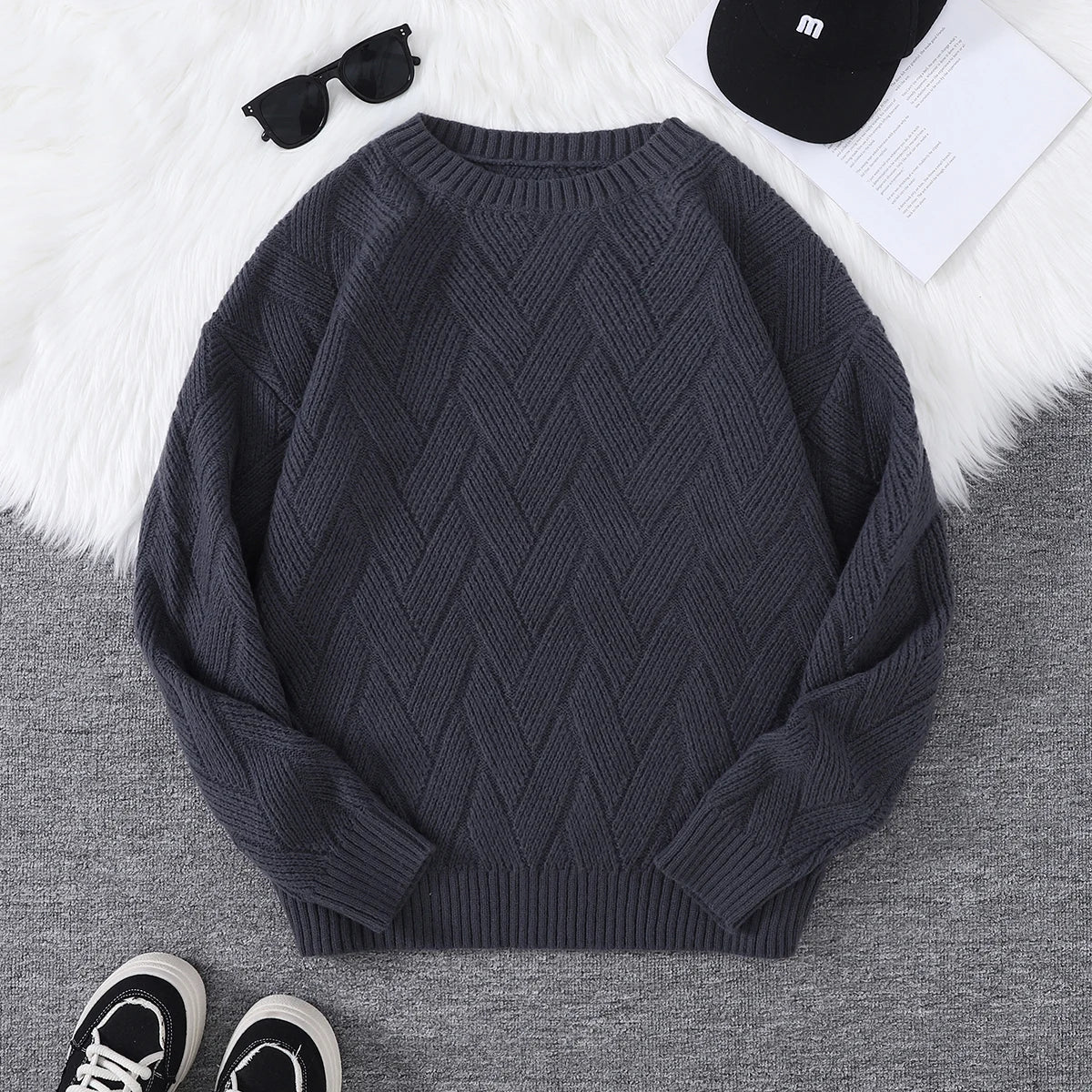 New Japanese-Style Round-Neck Couple's Sweater, Plain Knit, Casual Versatile Trendy Men's Long-Sleeve Sweater Top