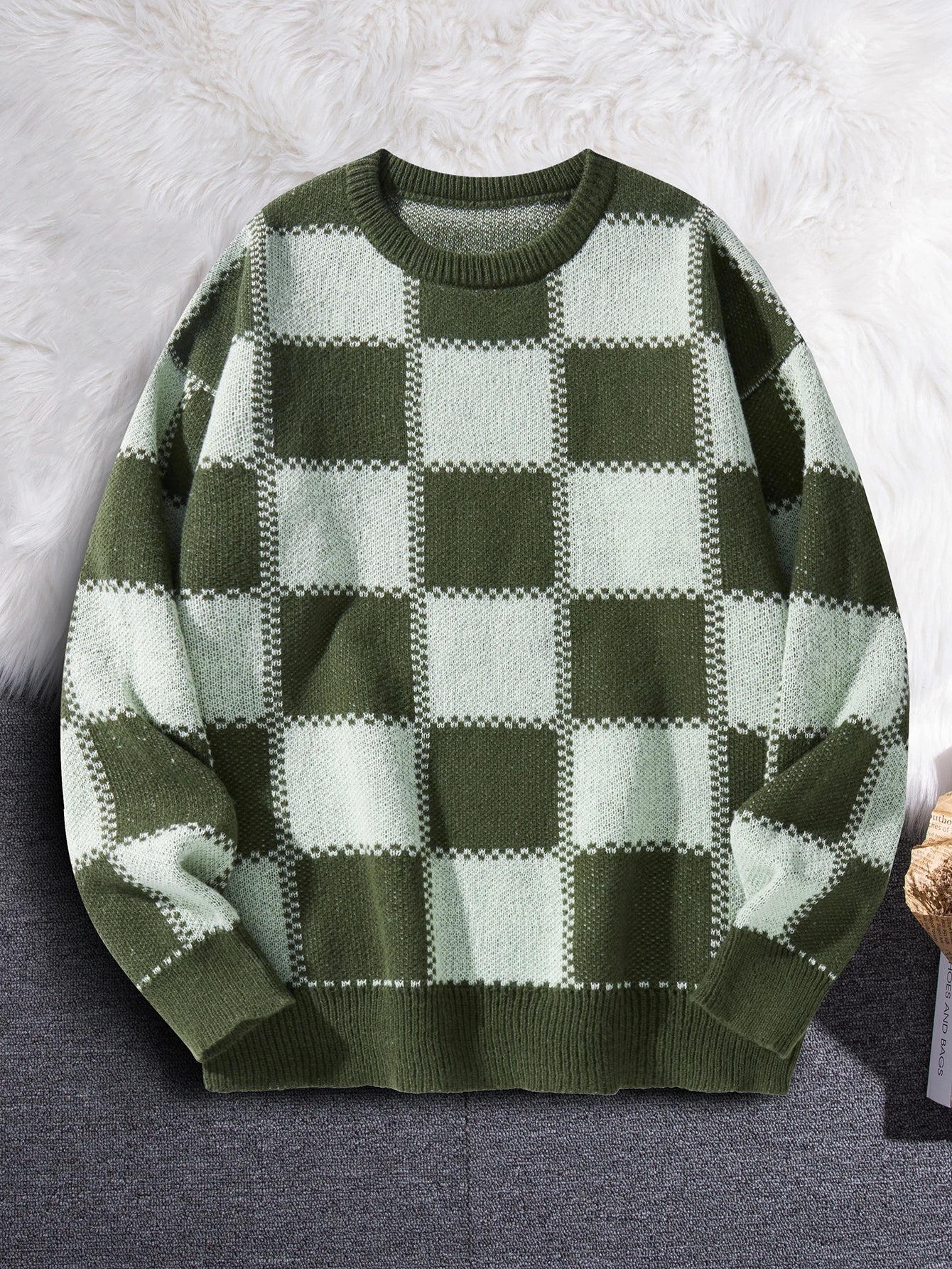 Retro Trendy Plaid Jacquard Pattern Pullover Sweater Casual Round Neck Color-Block Knit Men's Pullover