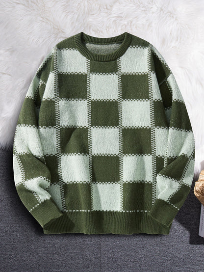 Retro Trendy Plaid Jacquard Pattern Pullover Sweater Casual Round Neck Color-Block Knit Men's Pullover