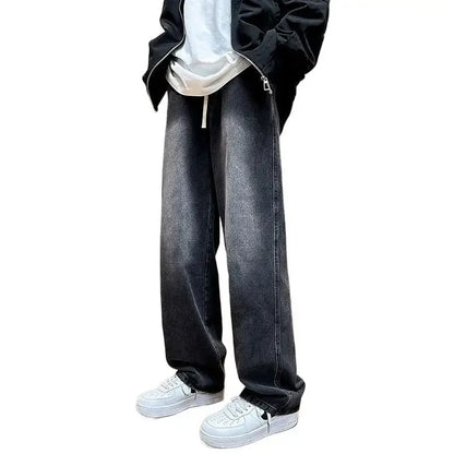 Trendy Black Straight Leg Jeans Men's Autumn Winter Loose Fit High Street Wide Leg Pants Casual Style plus Size Jeans