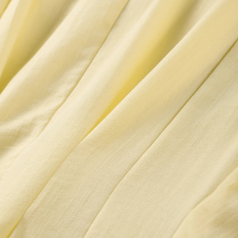 Casual Yellow Short Puff Sleeve Women Dress Loose Solid O-neck Pleated High Waist Female Maxi Dresses 2025 Summer Chic Lady Robe