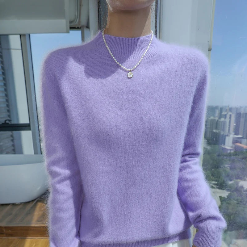100% Pure Mink Cashmere Knitted Sweater Women's Semi-High Neck Loose Pullovers Casual Joker Warm Bottoming Shirt Autumn Blouse