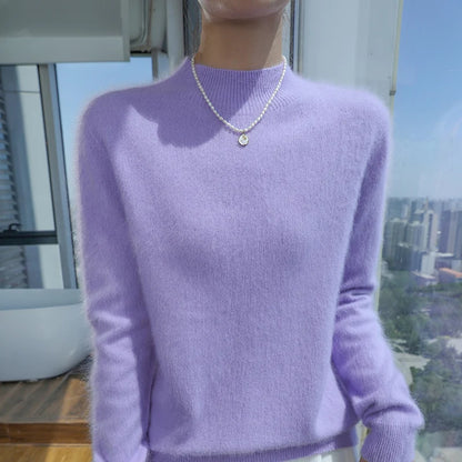 100% Pure Mink Cashmere Knitted Sweater Women's Semi-High Neck Loose Pullovers Casual Joker Warm Bottoming Shirt Autumn Blouse