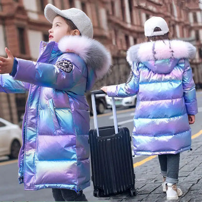 5-14 Years Old Winter Boys Girls Jacket Long Style Hooded Fur Collar Colorful Heavy Coat For Kids Children Outerwear