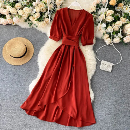 Women's Dress Spring New Temperament V-neck Solid Color Bubble Short-sleeved Irregular Ruffle Edge Lacing Dress Leisure Vestidos
