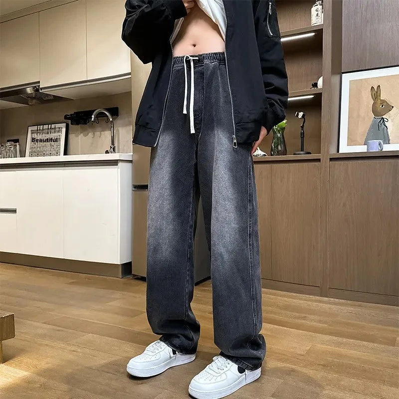 Trendy Black Straight Leg Jeans Men's Autumn Winter Loose Fit High Street Wide Leg Pants Casual Style plus Size Jeans