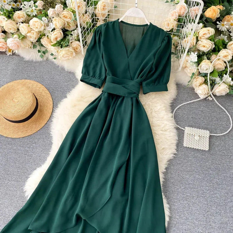 Women's Dress Spring New Temperament V-neck Solid Color Bubble Short-sleeved Irregular Ruffle Edge Lacing Dress Leisure Vestidos
