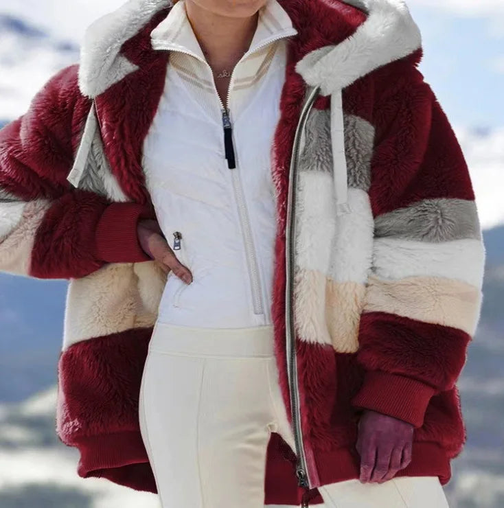 New Autumn/Winter Loose Plush Zipper Hooded Coat for Women