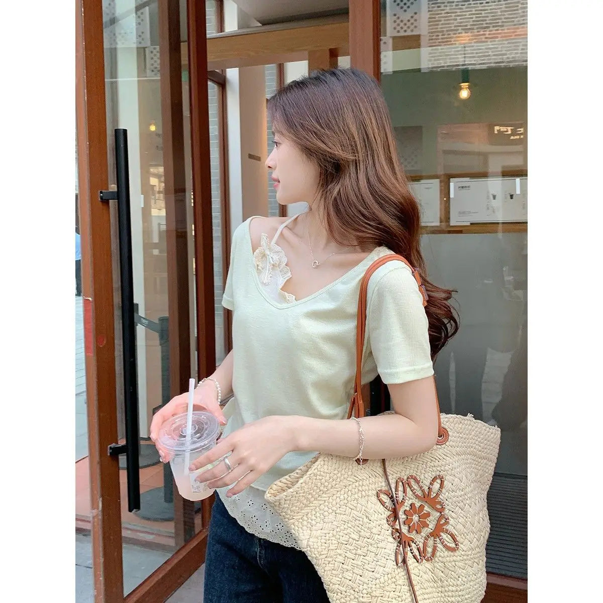 Sexy Off-shoulder Top for Women Versatile Summer Casual Fake Two-piece Waist-cinching Lace Spliced Short-sleeve T-shirt Trendy