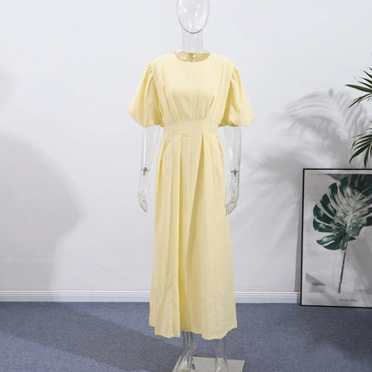 Casual Yellow Short Puff Sleeve Women Dress Loose Solid O-neck Pleated High Waist Female Maxi Dresses 2025 Summer Chic Lady Robe