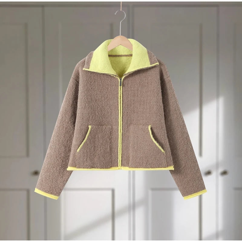 Patchwork Knit Women's Cardigan Coat Lapel Zipper Pockets Full Sleeve Sweater For Woman Autumn Winter Lady Jacket Outerwear