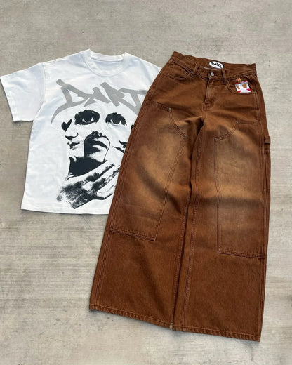Streetwear Retro Jeans Y2k Gothic Pattern Embroidered Brown Loose Jeans Mens and Womens Fashionable Straight Leg Wide Leg Jeans