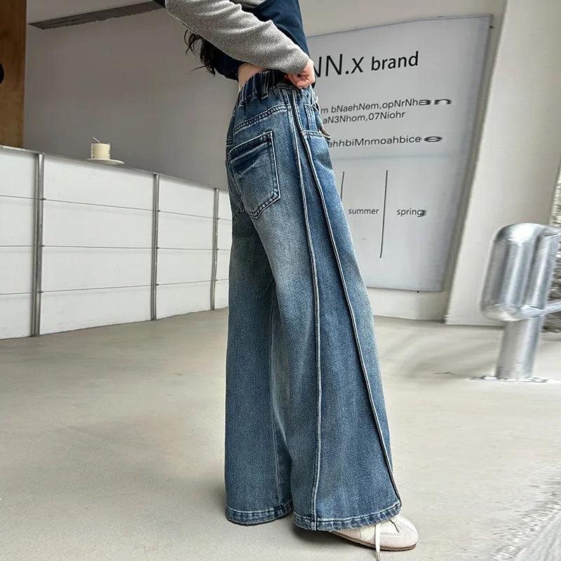 New Autumn Tween Girl Dark Blue Jeans Foldable Wide Leg Denim Pants Kids Child Spring High Waist Jeans Trousers Age 4 To 14 Y