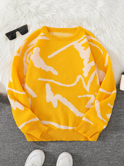 New Popular Spring Autumn Graffiti Jacquard Pattern Pullover Sweater Casual Round Neck Contrast Color Knitted Men's Pullover
