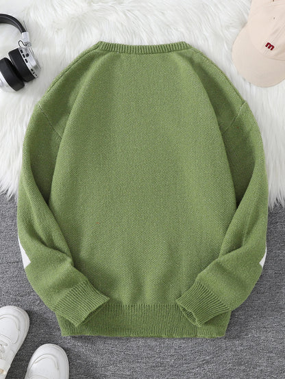 New Popular Spring Autumn Graffiti Jacquard Pattern Pullover Sweater Casual Round Neck Contrast Color Knitted Men's Pullover