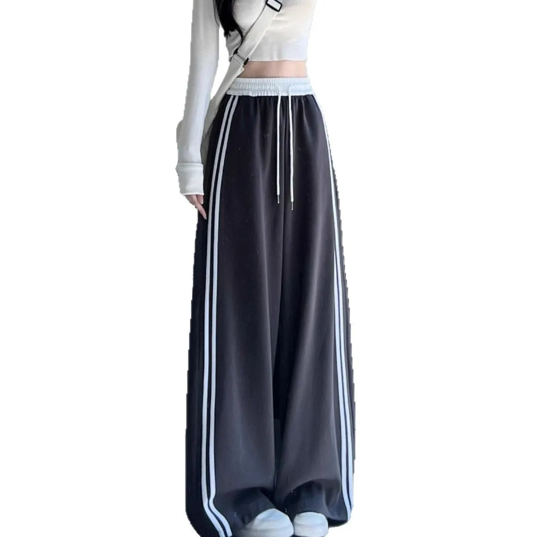 High Waist Wide Leg Pants Women's Spring Autumn New Style Loose American Knife Edge Sports Trousers Color Block Striped