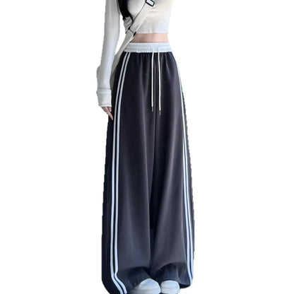High Waist Wide Leg Pants Women's Spring Autumn New Style Loose American Knife Edge Sports Trousers Color Block Striped