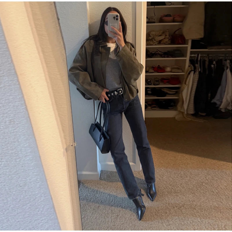 Single Breasted Buckle Casual Suede Jacket Women Chic Shoulder Pad Full Sleeve Lapel Slim Coat Autumn Lady New Highstreet Wear