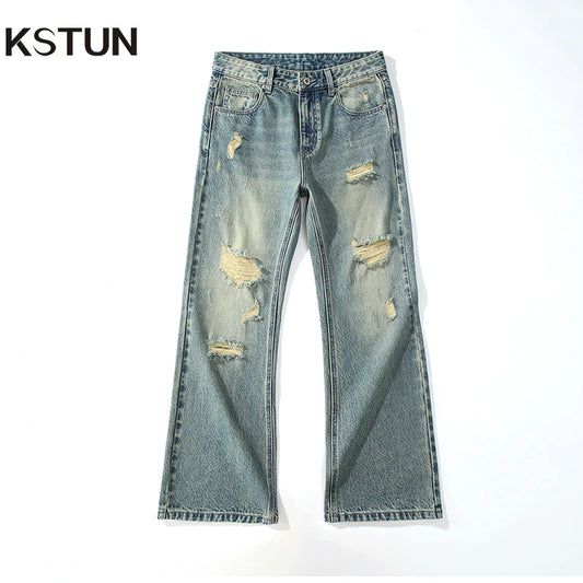 KSTUN Flared Jeans Men Booocut Jean Streetwear Denim Pants Ripped Hollow Out Vintage Jeans Men Distressed Frayed Americian Style