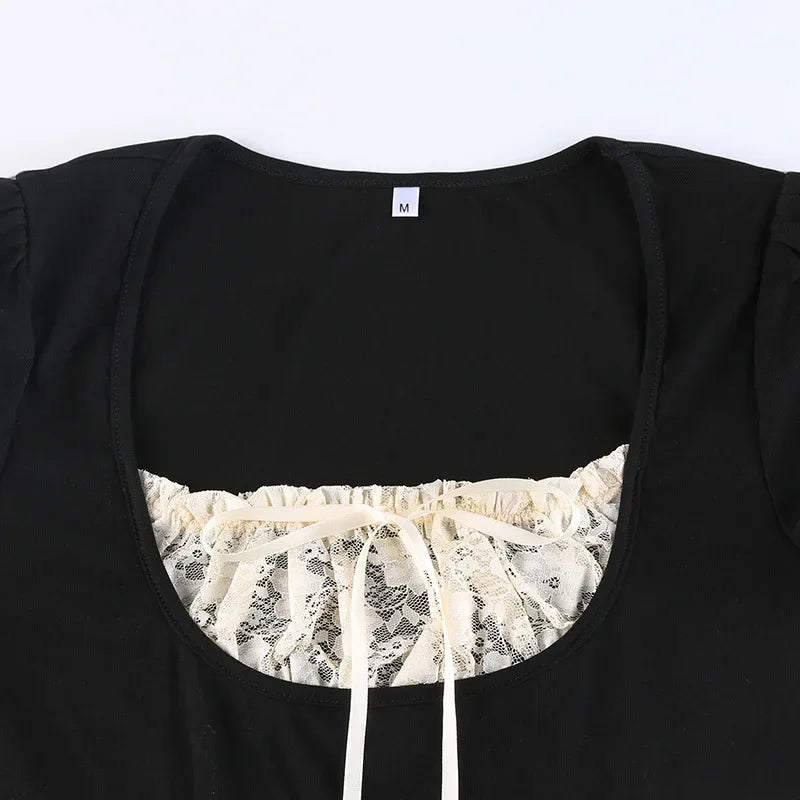 Y2k Lace Trim Crop Top Bow Cute Sweet Square Neck Tee Short Sleeve Harajuku Casual T Shirt Women Prepply Retro Korean Top Summer