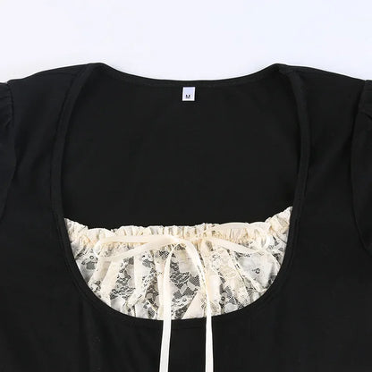Y2k Lace Trim Crop Top Bow Cute Sweet Square Neck Tee Short Sleeve Harajuku Casual T Shirt Women Prepply Retro Korean Top Summer