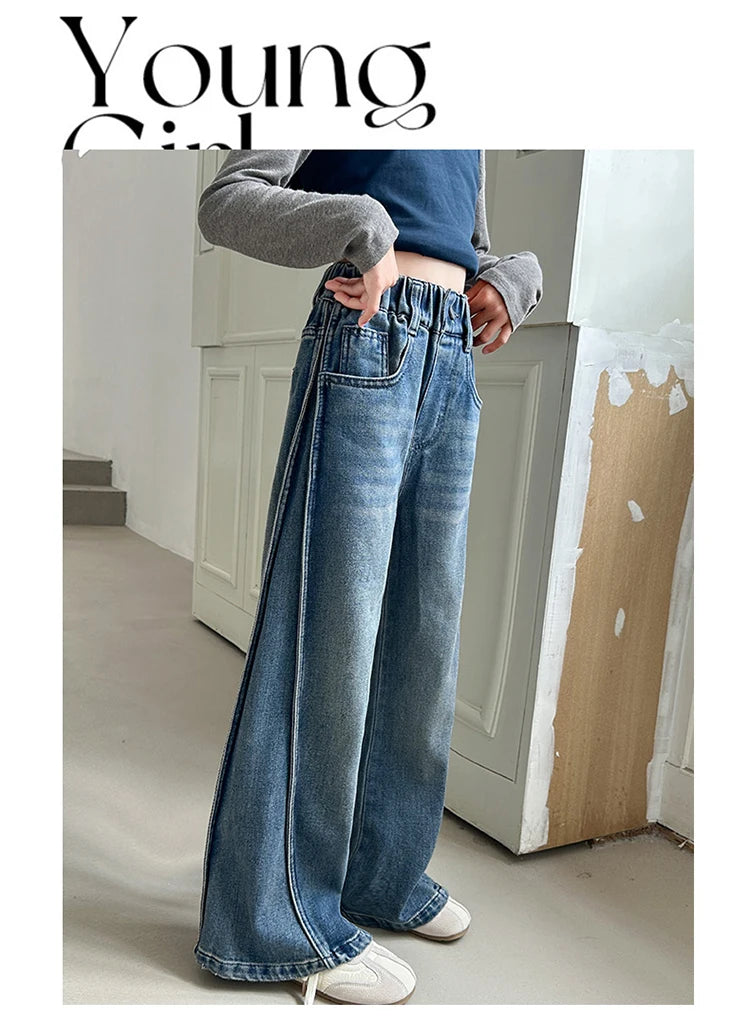 New Autumn Tween Girl Dark Blue Jeans Foldable Wide Leg Denim Pants Kids Child Spring High Waist Jeans Trousers Age 4 To 14 Y