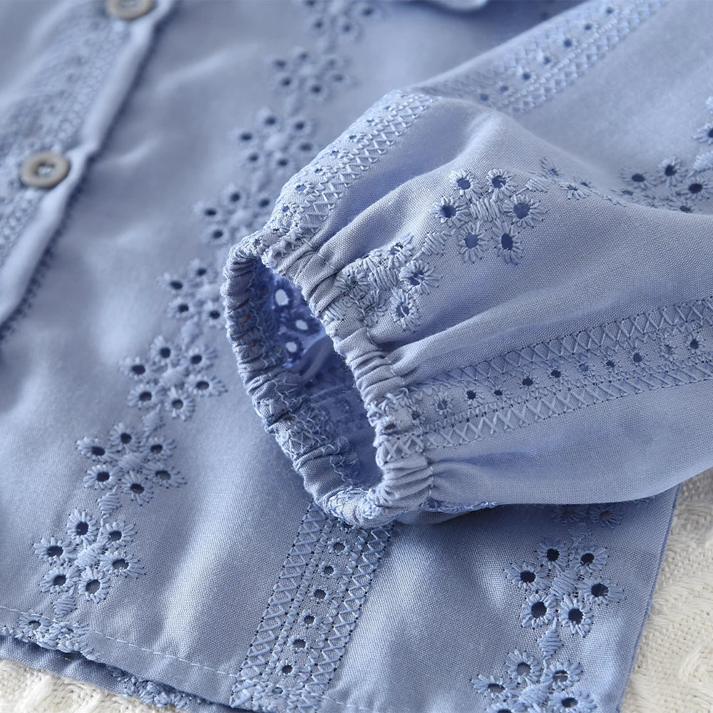 Bear Leader Blue Embroidered Flower Kids Clothes Girls Autumn Long Sleeved Lapel Single Breasted Shirt Top+Short Skirt 2Pcs Set