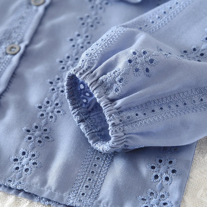 Bear Leader Blue Embroidered Flower Kids Clothes Girls Autumn Long Sleeved Lapel Single Breasted Shirt Top+Short Skirt 2Pcs Set