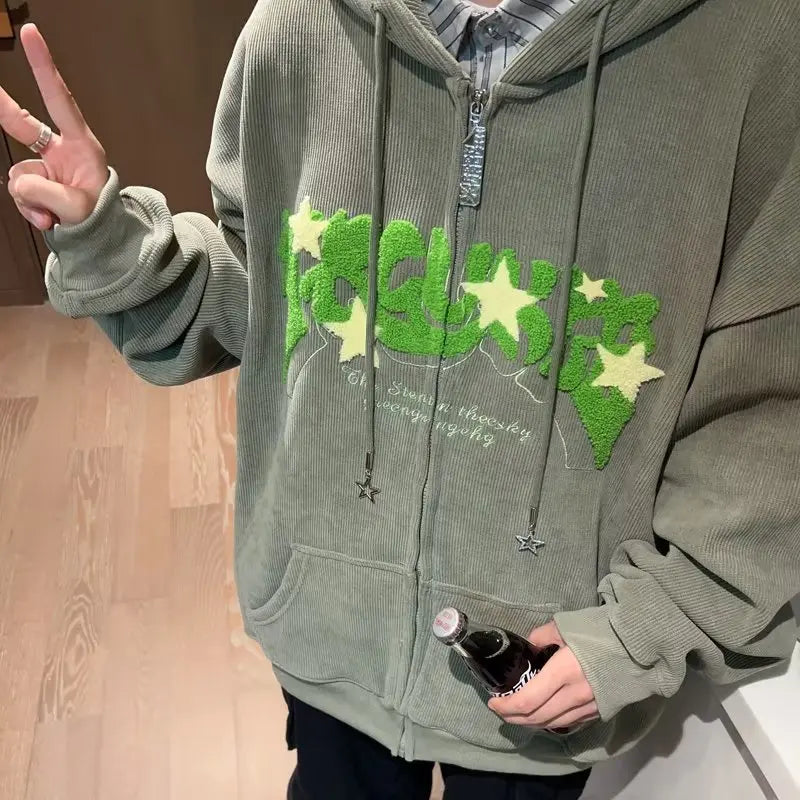 Fashion Embroidery Zip Up Hoodies Women Autumn Long Sleeve Tops Loose Hood Shirt Harajuku Y2K Clothes Female Sweatshirt Jacket
