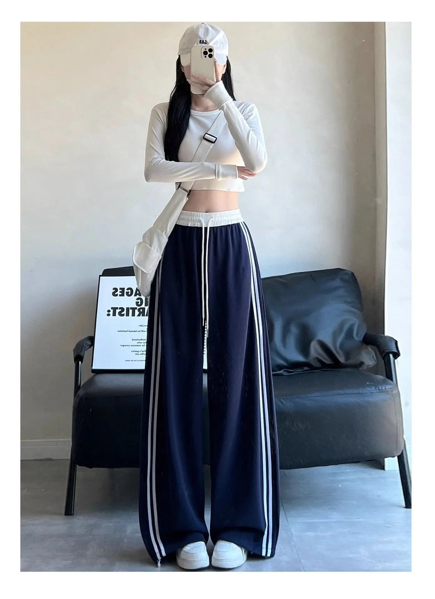 High Waist Wide Leg Pants Women's Spring Autumn New Style Loose American Knife Edge Sports Trousers Color Block Striped
