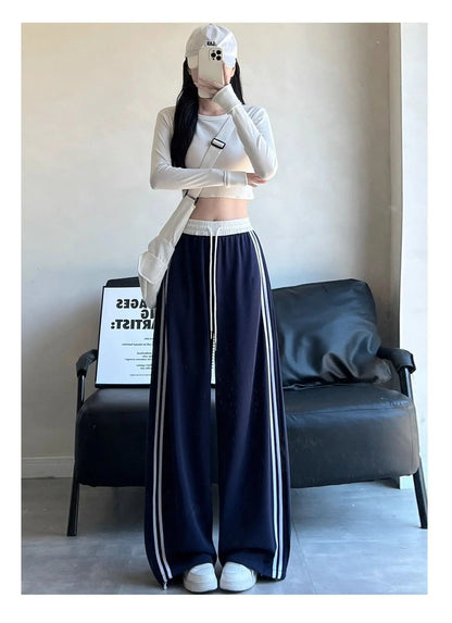 High Waist Wide Leg Pants Women's Spring Autumn New Style Loose American Knife Edge Sports Trousers Color Block Striped