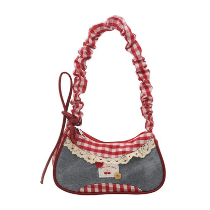 Fashion Grid Women Bag Lace Ribbon Stretchable Shoulder Strap Single Shoulder Underarm Bag Daily Commuting Student Handbag