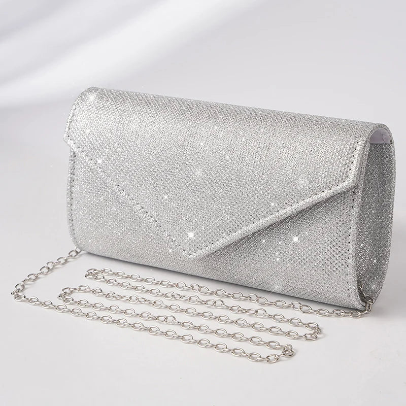 Glitter Envelope Handbag Women Silver Shiny Chain Shoulder Bag Ladies Mini Crossbody Flap Fashion Small Dress Day Clutch