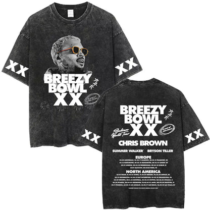 Vintage Washed Chris Brown Graphic T-shirt Breezy Bowl XX Tour 2025 Merch T Shirts Men Women Hip Hop Fashion Oversized T-shirts