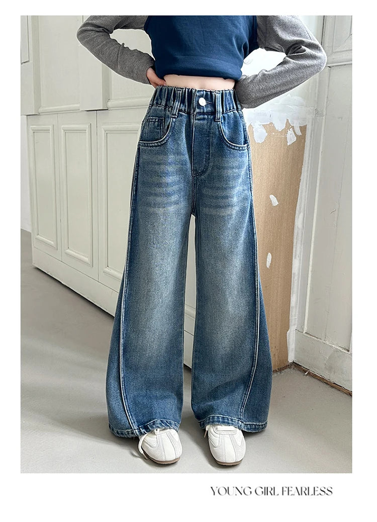 New Autumn Tween Girl Dark Blue Jeans Foldable Wide Leg Denim Pants Kids Child Spring High Waist Jeans Trousers Age 4 To 14 Y
