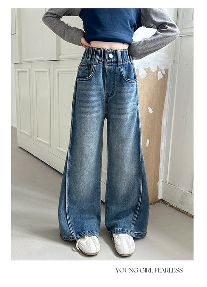 New Autumn Tween Girl Dark Blue Jeans Foldable Wide Leg Denim Pants Kids Child Spring High Waist Jeans Trousers Age 4 To 14 Y