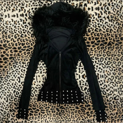 Y2K Harajuku Gothic Women's Hoodie Sexy Slim Chic Suede Fur Collar Letter Print Cardigan Sweatshirt Aesthetic Female Streetwear