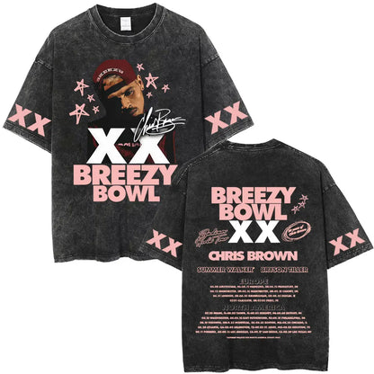Vintage Washed Chris Brown Graphic T-shirt Breezy Bowl XX Tour 2025 Merch T Shirts Men Women Hip Hop Fashion Oversized T-shirts