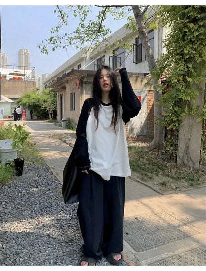 Casual Oversized T Shirt Y2k Tops Harajuku Long Sleeve O-Neck T-Shirts Spring Autumn Black White Patchwork Tees Women Streetwear
