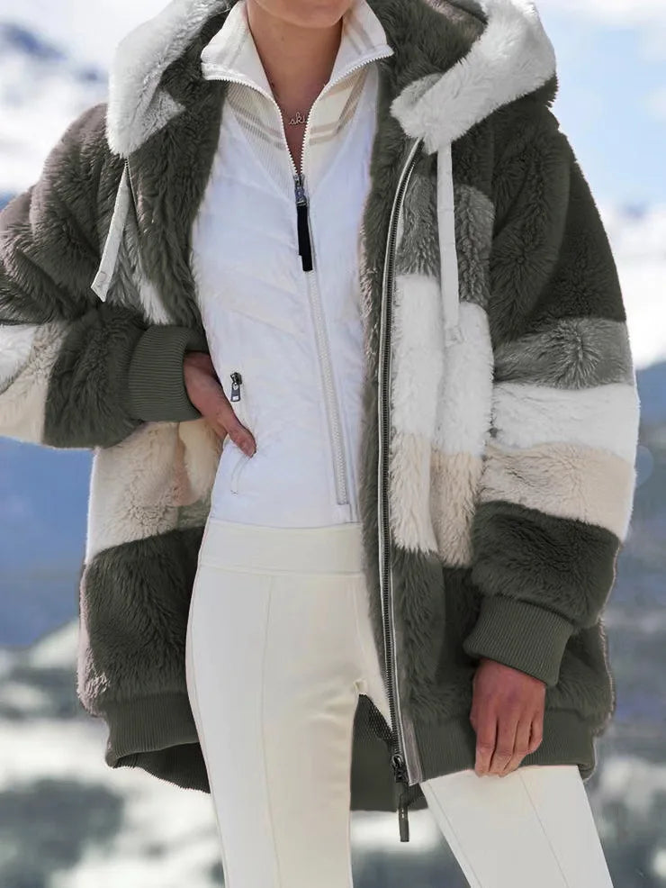 New Autumn/Winter Loose Plush Zipper Hooded Coat for Women