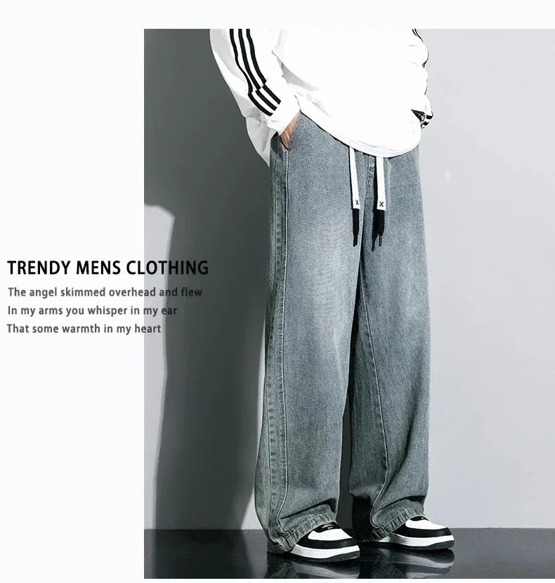 8XL New Wide Leg Washing Jean Pants Men Trousers Neutral Solid Color Loose Casual Straight Outdoor Fashion Plus Size Pants