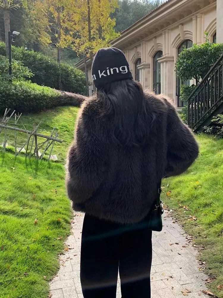 Winter Jacket New Furry Coat Womens Clothing Slim Fur One lmitation Fox Fur Jacket V-neck High Grade Loose Casual Top Womens