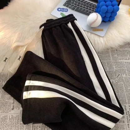 Thickened Fleece Corduroy Pants High Waist Loose Straight Leg Striped High School Students Autumn Winter Fashion Brand Teenag...