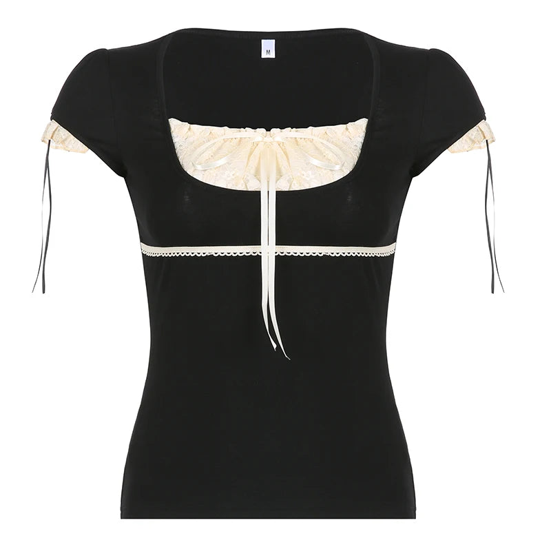 Y2k Lace Trim Crop Top Bow Cute Sweet Square Neck Tee Short Sleeve Harajuku Casual T Shirt Women Prepply Retro Korean Top Summer