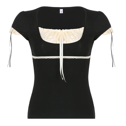 Y2k Lace Trim Crop Top Bow Cute Sweet Square Neck Tee Short Sleeve Harajuku Casual T Shirt Women Prepply Retro Korean Top Summer