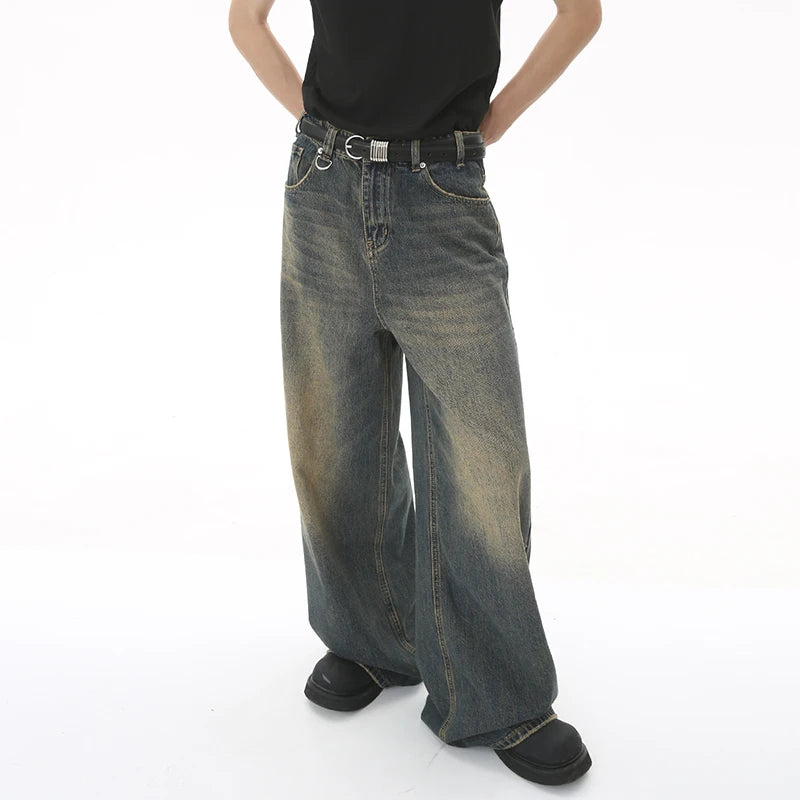 IEFB Summer Men's Denim Pants Old Blue Washed Male Jeans Straight Casual Menwear Loose Wide Leg Trousers New Fashion 9C354