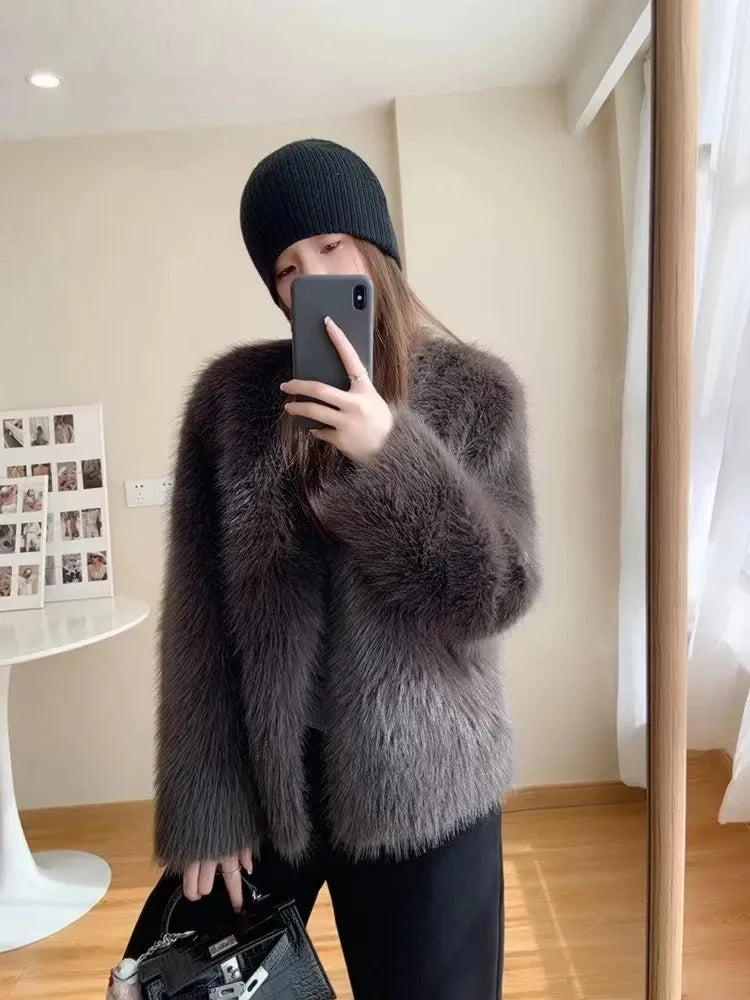 Winter Jacket New Furry Coat Womens Clothing Slim Fur One lmitation Fox Fur Jacket V-neck High Grade Loose Casual Top Womens