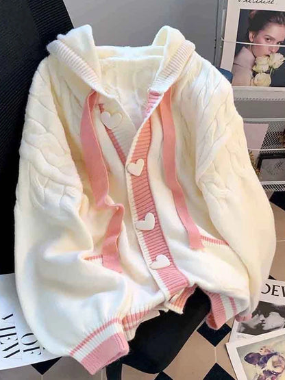 Cute Sweet Cardigan Sweaters Women Lazy Wind White Knitted Coats Long Sleeve Loose Female Japan Kawaii Elegant Hooded Tops